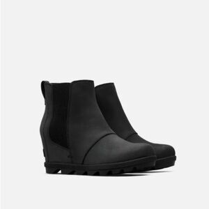 Sorel Joan Of Arctic Wedge II Chelsea Black Leather Booties Platform 10 Classic